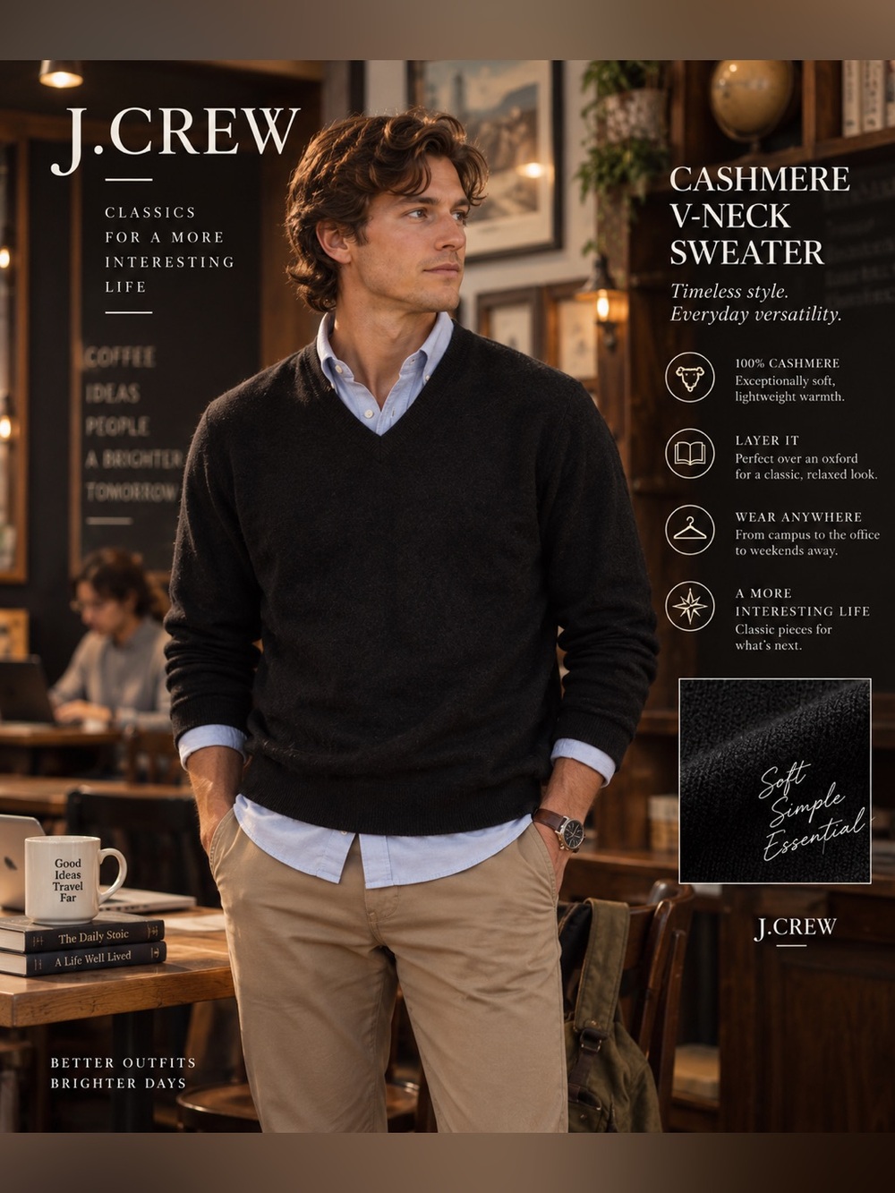J. Crew Men’s Cashmere V-Neck Sweater - Black